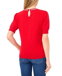 CeCe Women's Embellished Neck Trim Short Sleeve Sweater Top