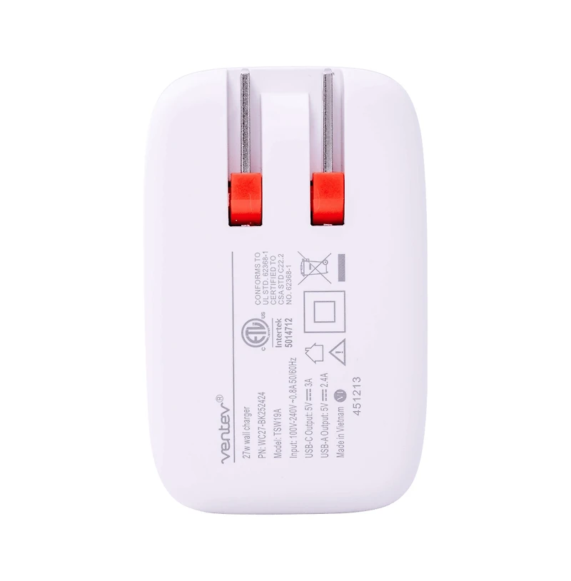 Ventev 27W Ultrafast Usb C and Usb A Dual Universal Wall Charger-Gray