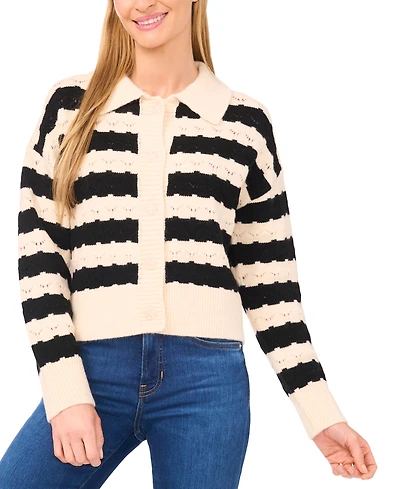 CeCe Women's Wide Collar Striped Long Sleeves Cardigan