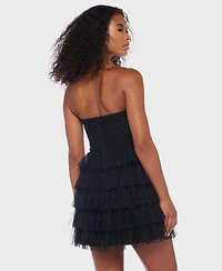 B Darlin Juniors' Strapless Side-Shirred Tiered Glitter Mini Dress