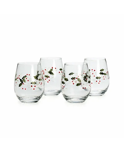 Winterberry Holiday Stemless Wine Glasses, Set of 4