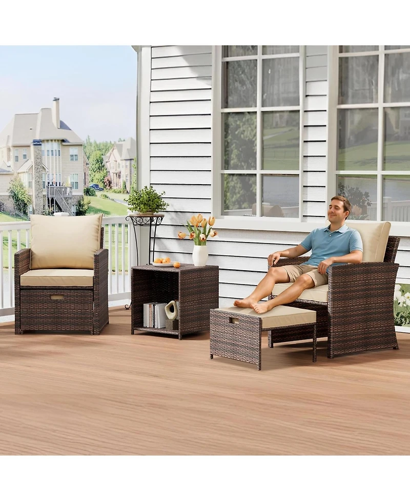 5-Piece High Back Patio Conversation Set with 2 Ottomans and Table, All-Weather Pe Rattan Lounge Chairs with Soft Cushions, Ideal for Balcony, Porch,