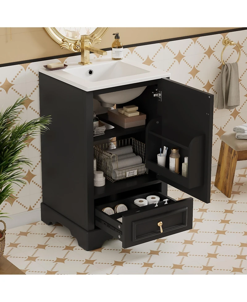 Casainc 20; Bathroom Vanity with Ceramic Sink, Soft-Close Door, U-Shaped Shelf, Drawer and Storage Rack
