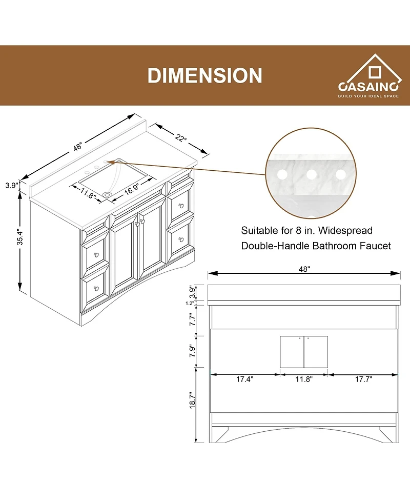 Casainc 48-Inch Solid Wood Bathroom Vanity with Matching Top and Ceramic Basin
