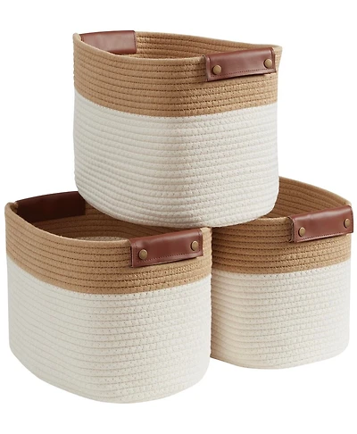 Ornavo Home 3 Pack Cotton Rope Shelf Storage Basket with Faux Leather Handles