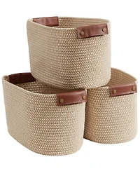 Ornavo Home 3 Pack Cotton Rope Shelf Storage Basket with Faux Leather Handles