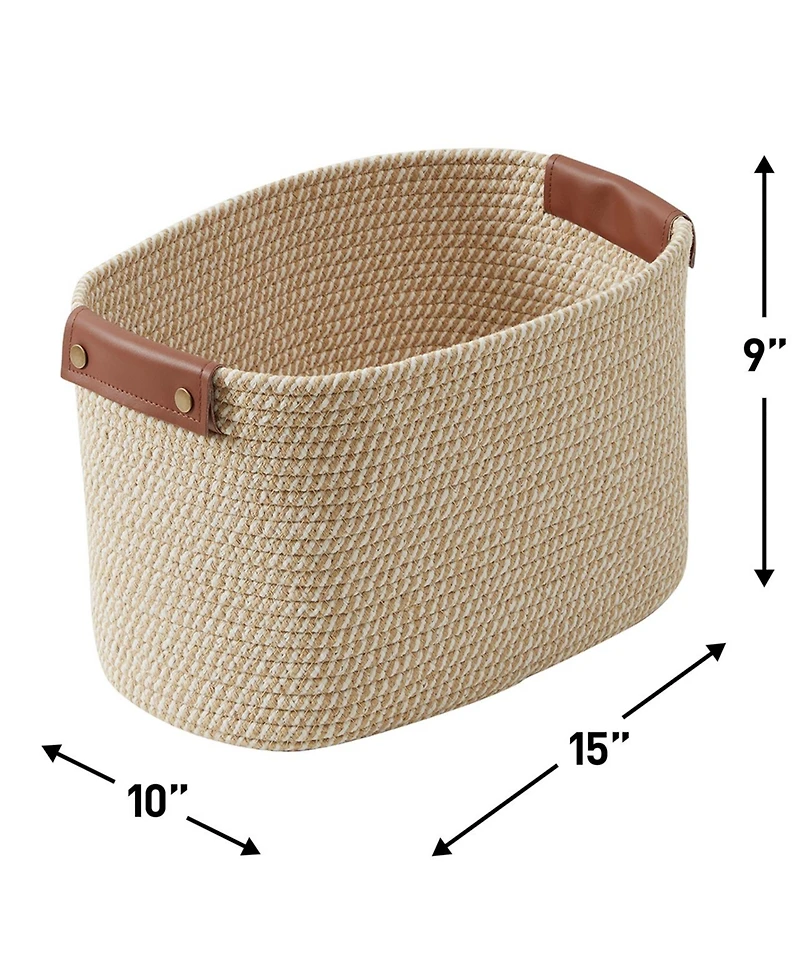 Ornavo Home 3 Pack Cotton Rope Shelf Storage Basket with Faux Leather Handles