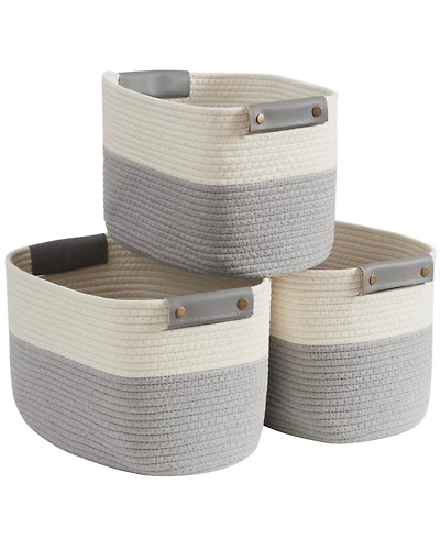 Ornavo Home 3 Pack Cotton Rope Shelf Storage Basket with Faux Leather Handles