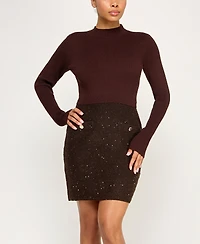 Invitee Juniors' Long-Sleeve Sequin-Skirt Sweater Dress