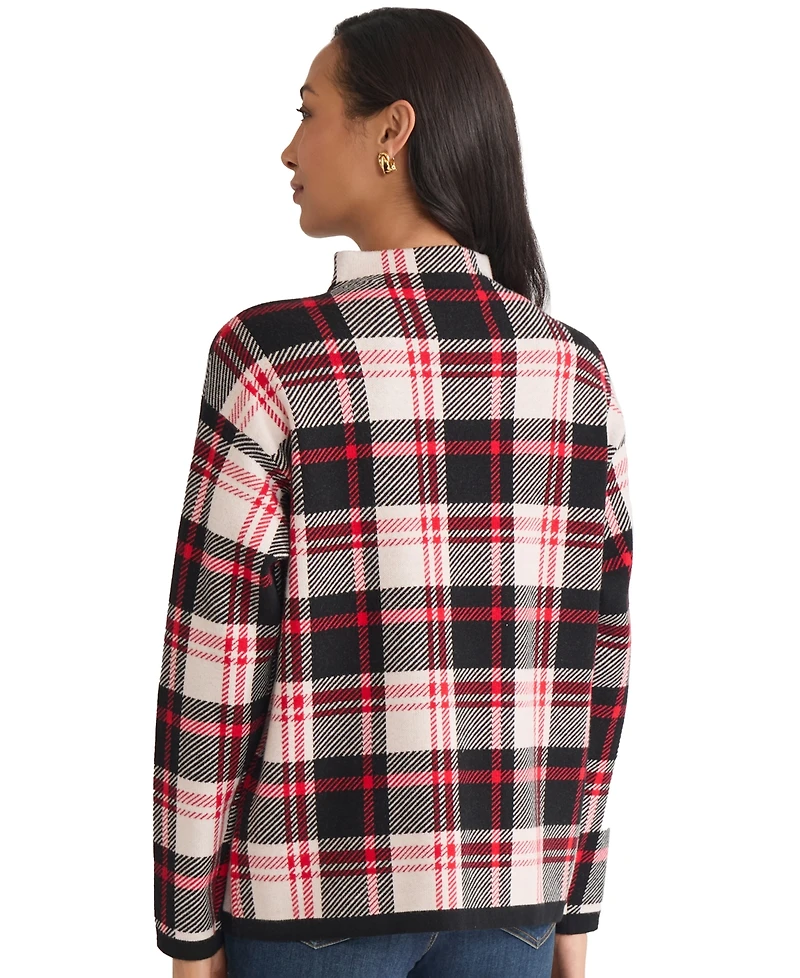 Jones New York Women's Birdseye Plaid Funnel Mock Neck Sweater
