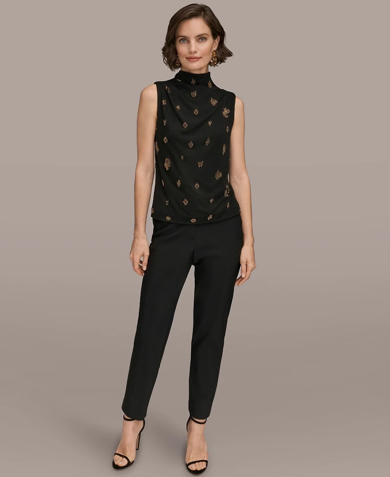 Donna Karan New York Women's Sleeveless Metallic Beaded Mock Neck Top
