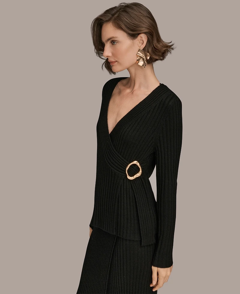 Donna Karan New York Women's Ribbed V-Neck Long Sleeve Sweater