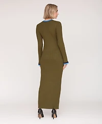 Avec Les Filles Women's Long Sleeve Ribbed Neck Maxi Dress