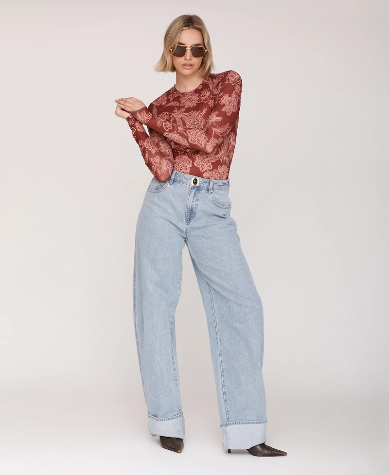 Avec Les Filles Women's Mesh Crew Neck Long Sleeve Top