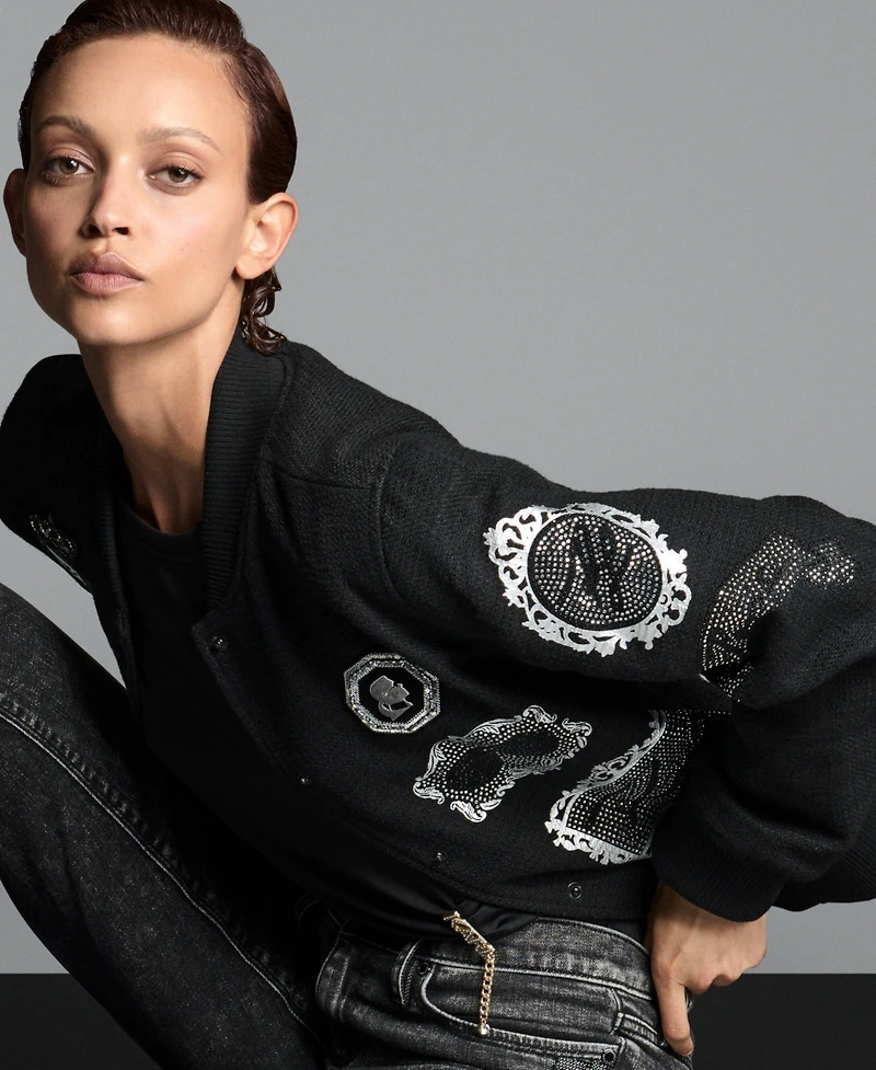 Karl Lagerfeld Paris Women's Patch Long Sleeve Bomber Jacket