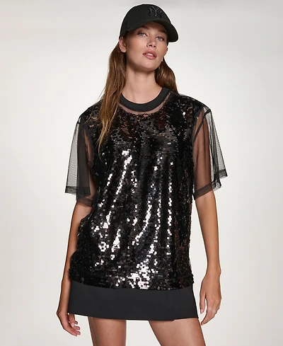 Dkny Women's Sequined Layered Short Sleeves Mesh Top