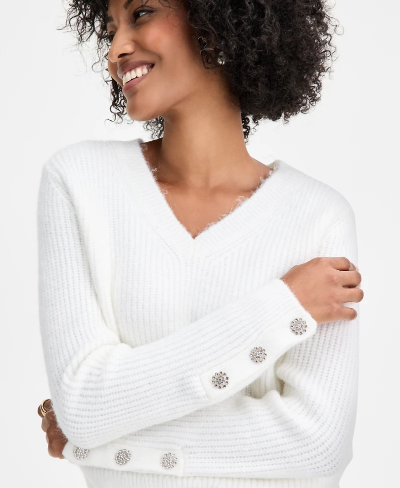 On 34th Women's V-Neck Jewel-Button-Cuff Sweater, Macy's Exclusive