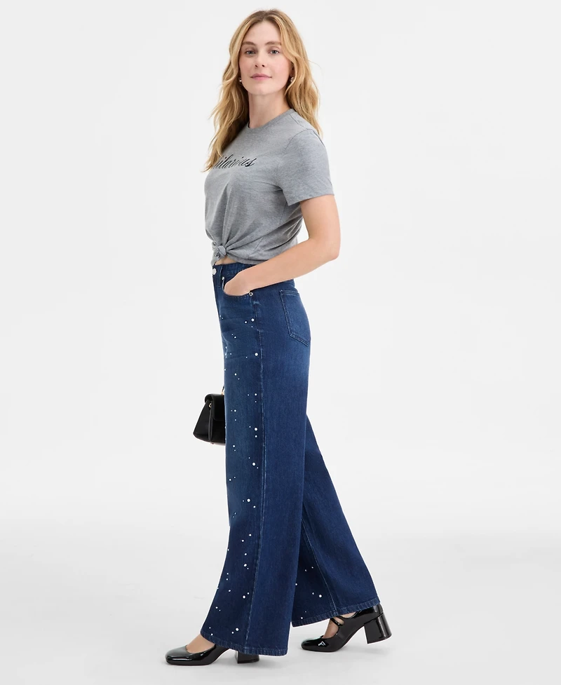 On 34th Women's Midnight-Wash Embellished Wide-Leg Jeans, Macy's Exclusive