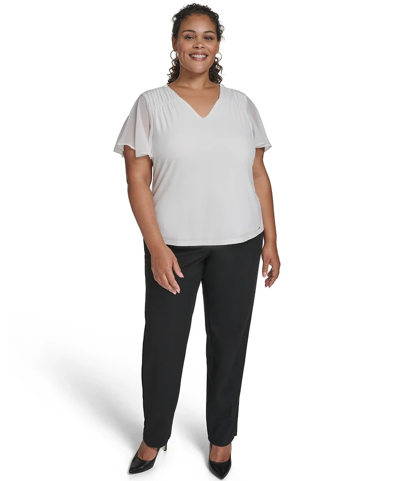 Calvin Klein Plus Mixed Media Flutter-Sleeve Blouse