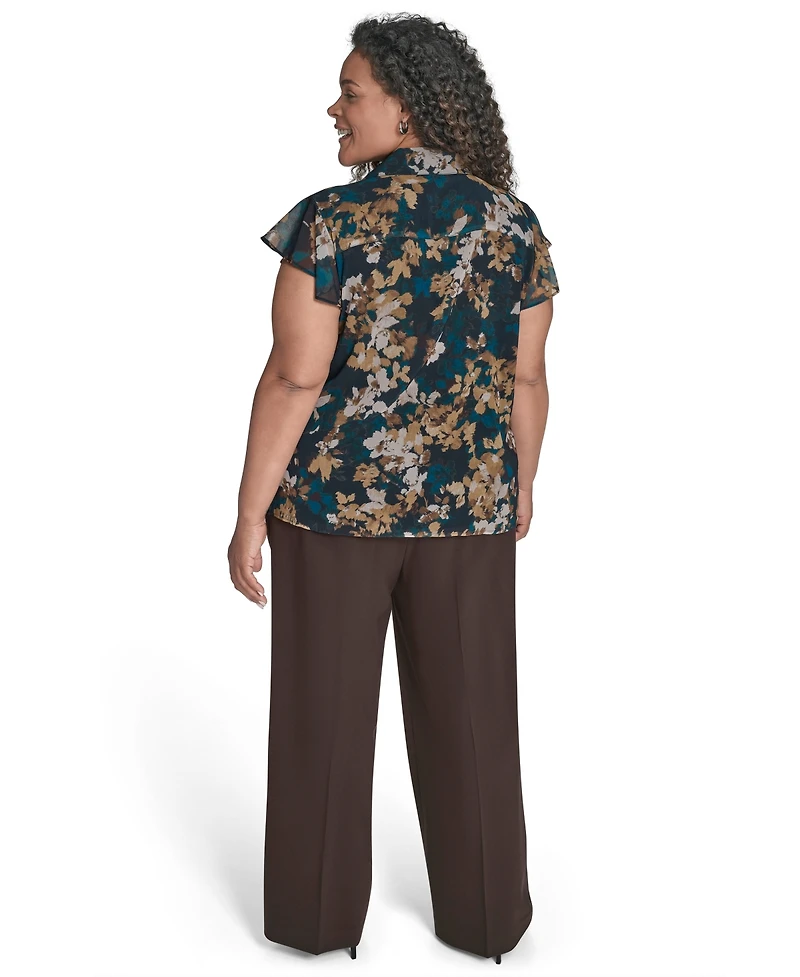 Calvin Klein Plus Printed Cap-Sleeve Ruffle-Front Blouse