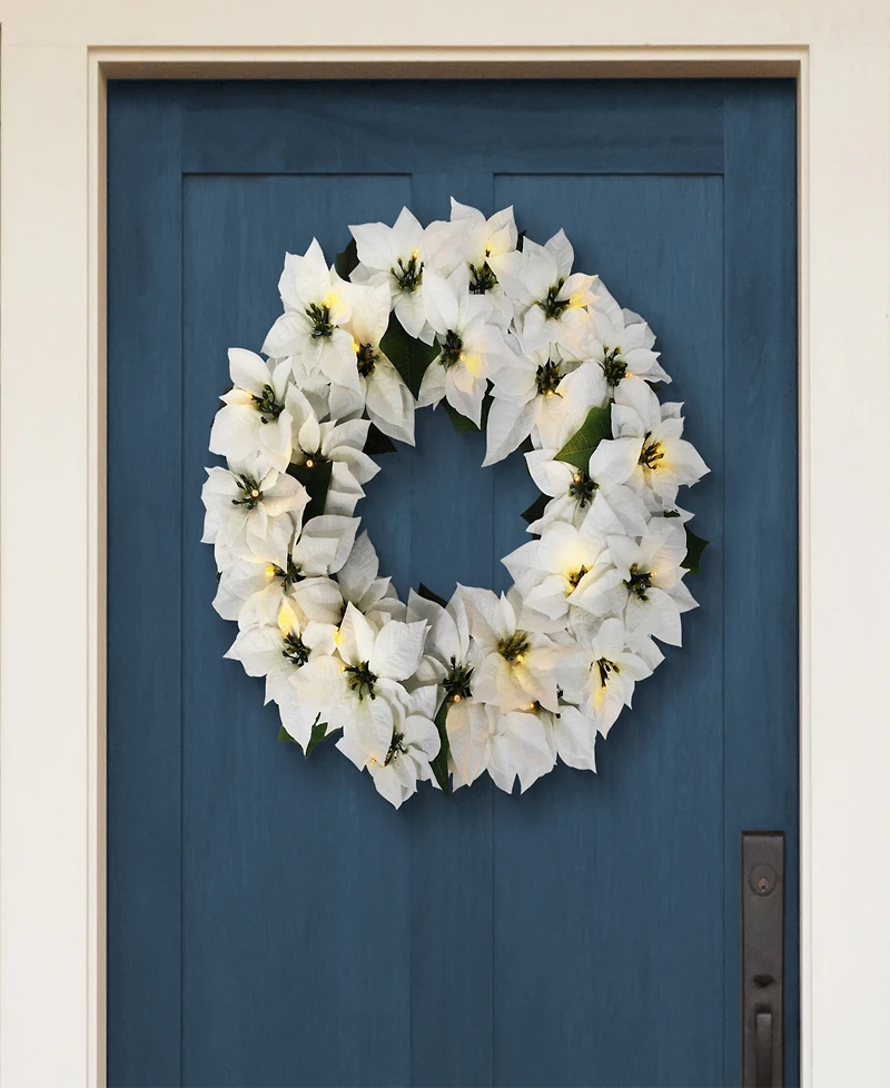 Puleo 24" Pre-Lit Artificial White Poinsettia Wreath