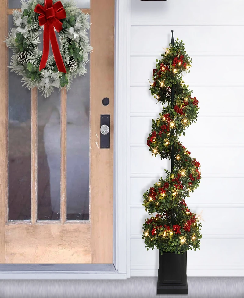 Puleo 4' Pre-Lit Artificial Potted Swirl Tree Adorned with Red Berries