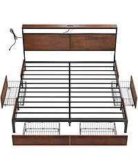 Hausource King Size Bed Frame with Led Storage Headboard & 4 Drawers & Charging Station Brown