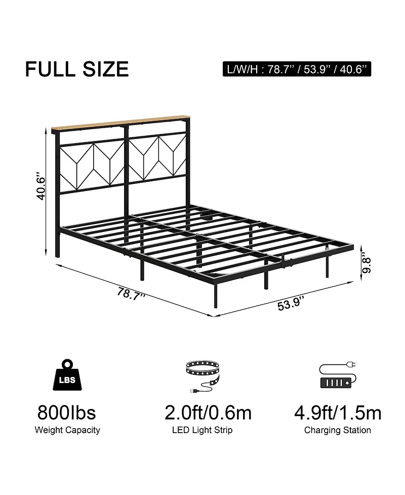 Hausource Full Size Floating Bed Frame with Led Headboard & Charging Station No Box Spring Needed