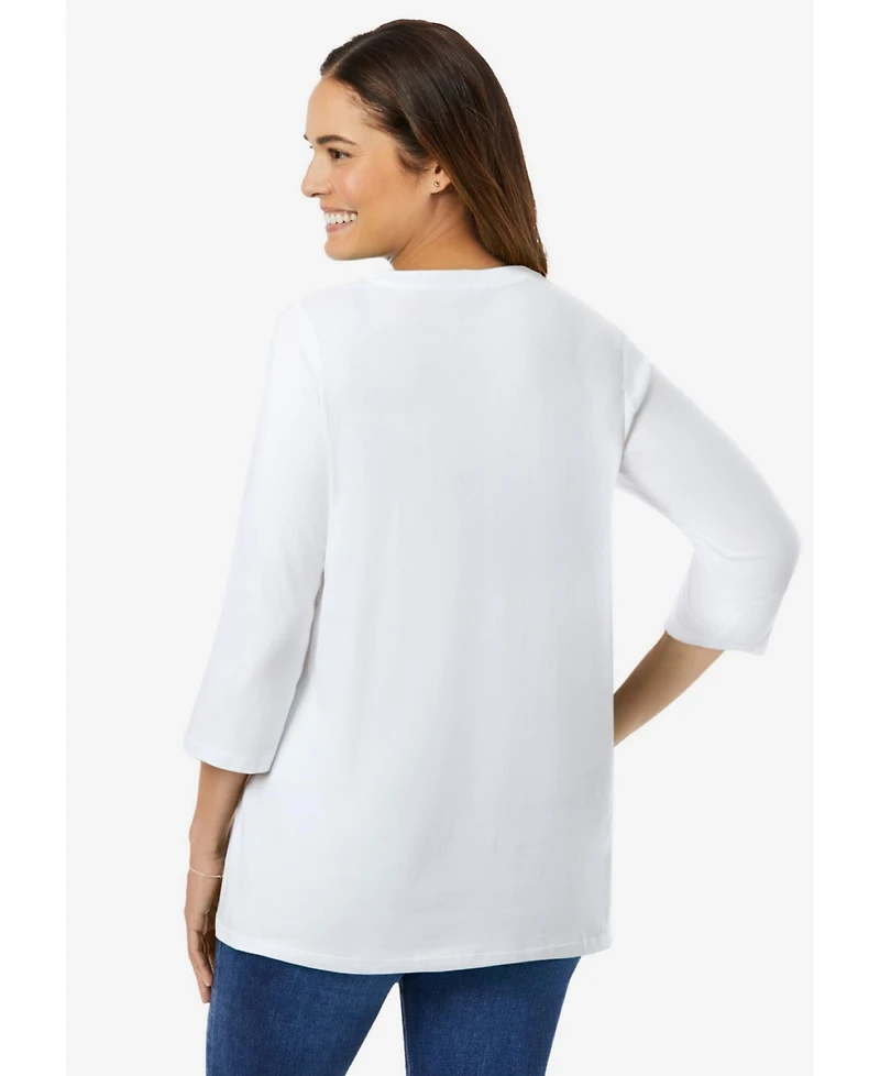 Woman Within Plus Perfect Three-Quarter Sleeve V-Neck Tee