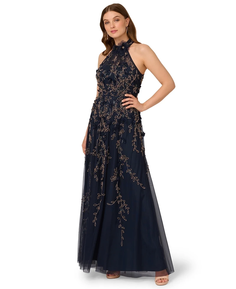 Adrianna Papell Women's Beaded Petal Sleeveless Maxi Dress