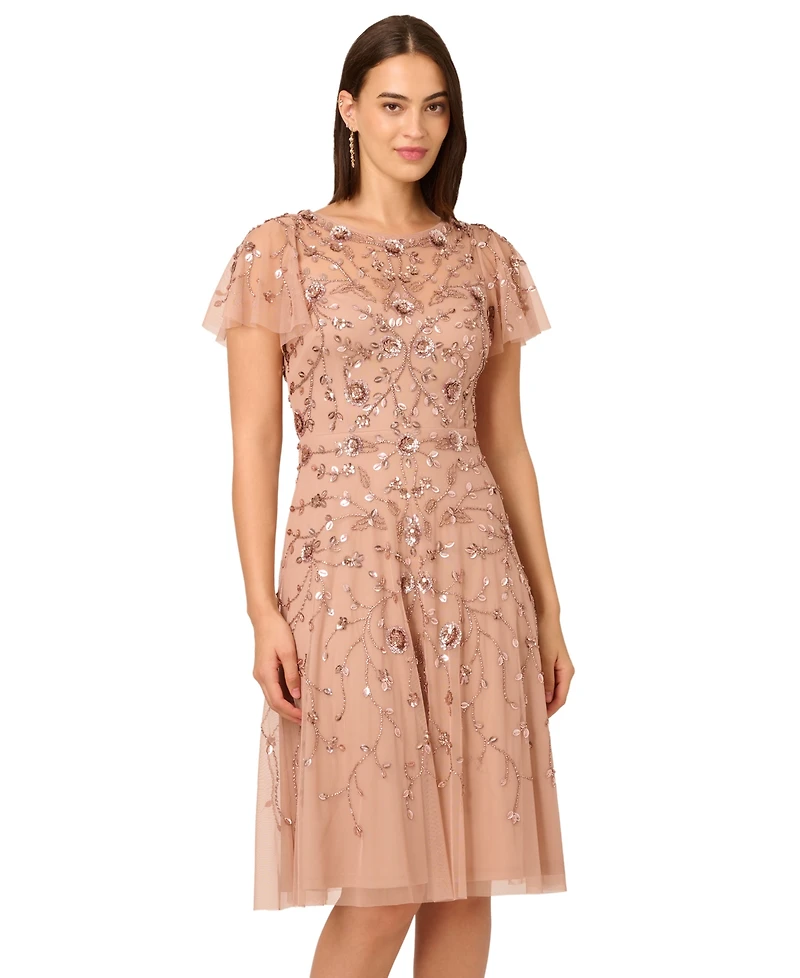 Adrianna Papell Women's Boat Neck Beaded Midi Dress