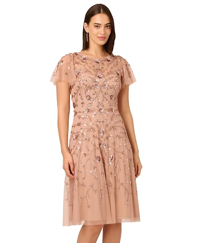 Adrianna Papell Women's Boat Neck Beaded Midi Dress