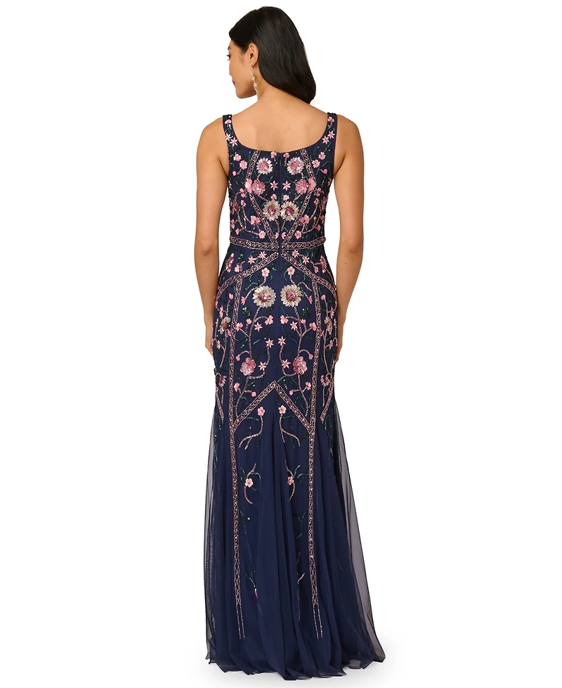 Adrianna Papell Women's Beaded Godet Square Neck Dress