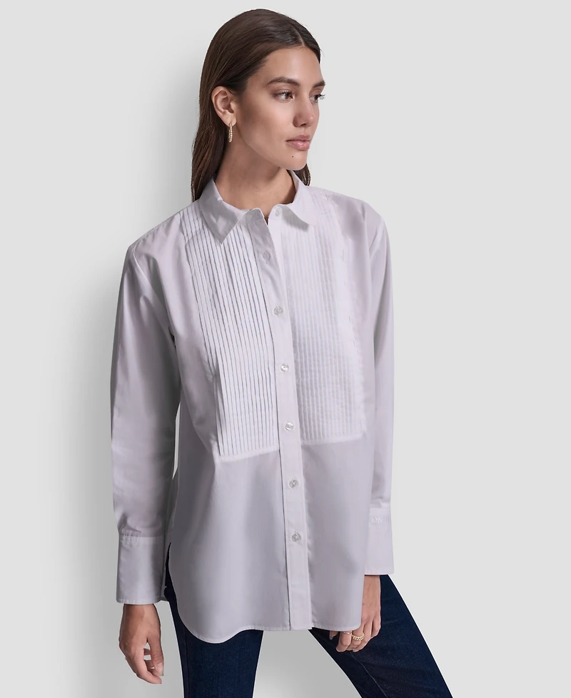 Dkny Jeans Women's Pleat Front Long Sleeve Shirt