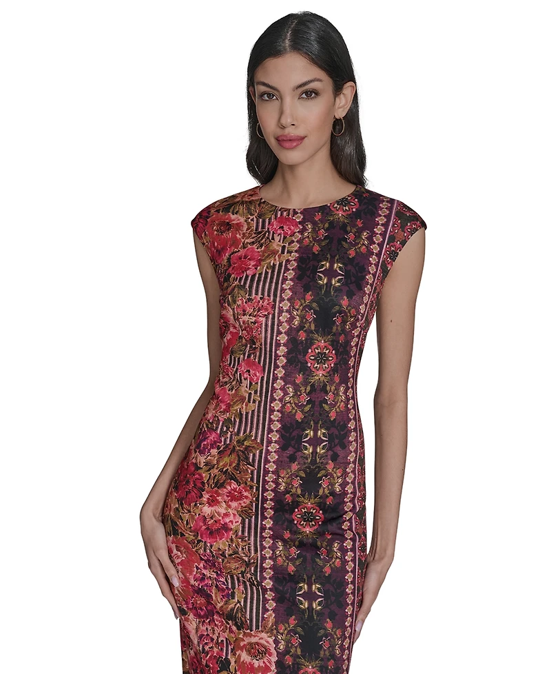 Vince Camuto Petite Placement Shift Print Round Neck Midi Bodycon Dress