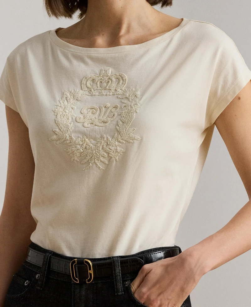 Lauren Ralph Women's Sequin Detail Boat Neck Jersey T-Shirt