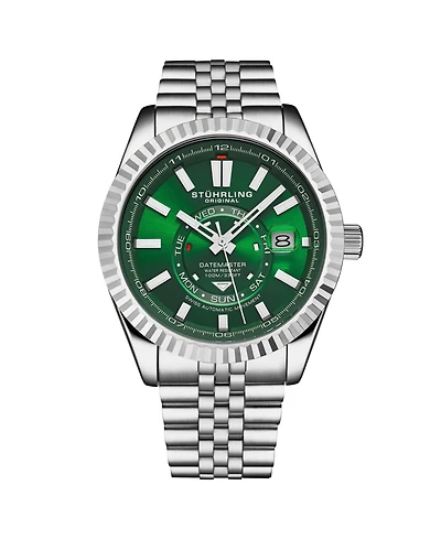 Stuhrling Datemaster Ii Men's Swiss Automatic 42mm Stainless Steel Watch, Green Dial, Fluted Bezel, Day & Date, 100M Water Resistant