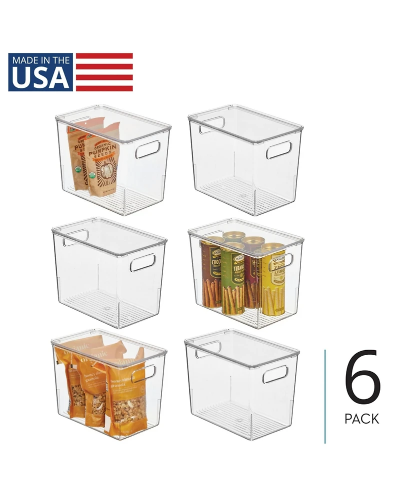 mDesign Slim Plastic Stacking Kitchen Bin Box, Handles/Lid, 6 Pack, Clear, Usa Made