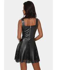 Bebe Women's Faux Leather Lace Inset Flare Dress