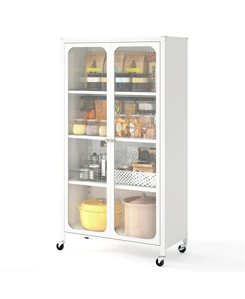 Costway Storage Cabinet with Wheels & 2 Translucent Doors Adjustable Shelves Sideboard