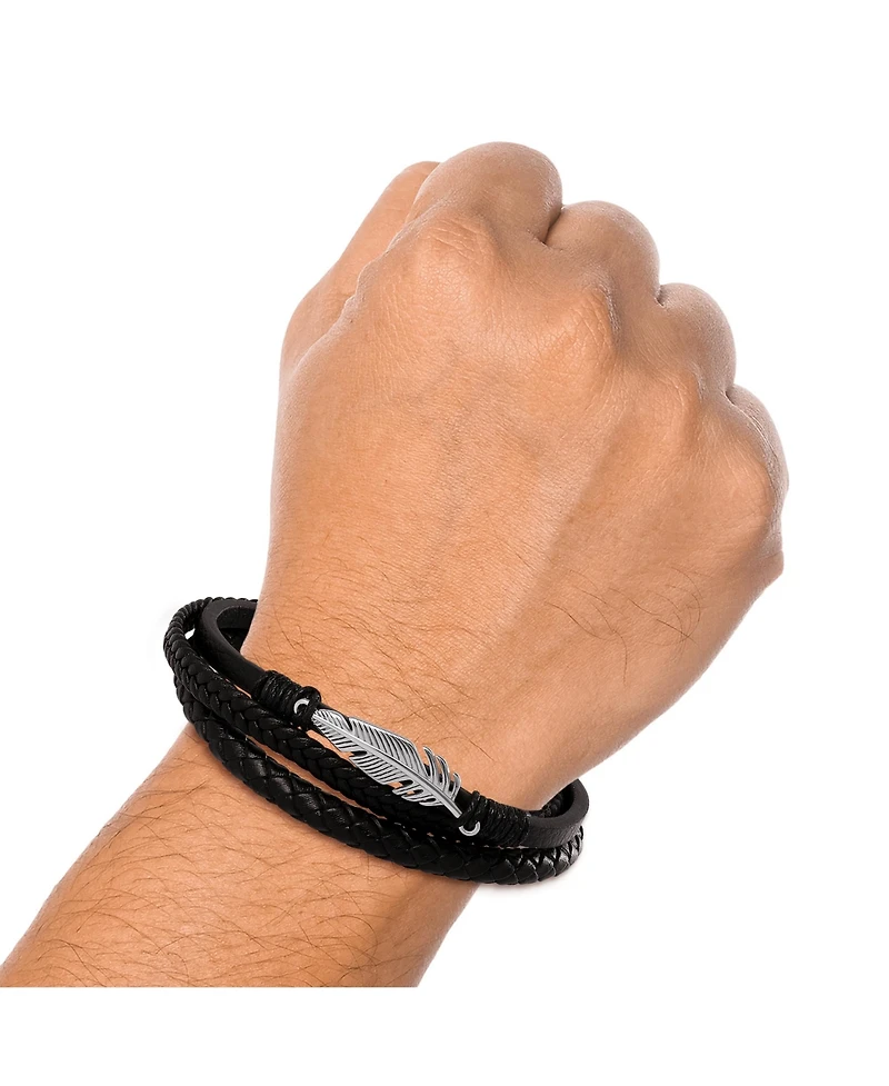 Lucky Brand Mens Triple Row Black Leather Bracelet with Silver Accents