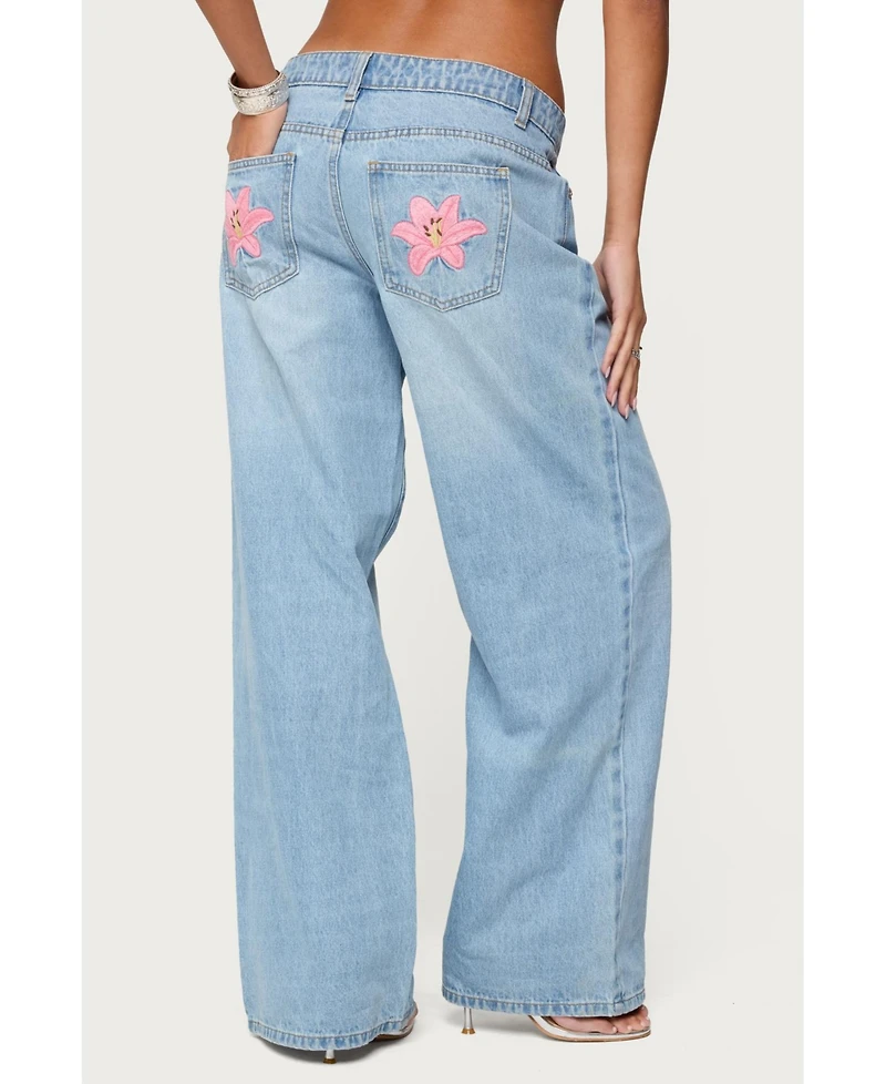 Edikted Women's Mirra Embroidered Flower Low Rise Jeans