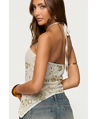 Edikted Womens Beaded Sequin Asymmetric Halter Top