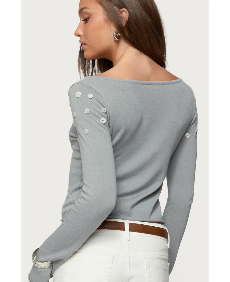 Edikted Womens Iridescent Button Boat Neck Top