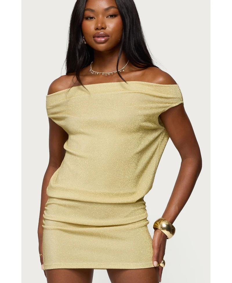 Edikted Womens Eris Metallic Off Shoulder Mini Dress