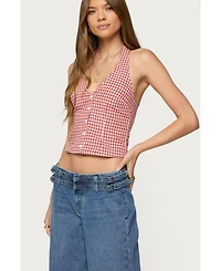 Edikted Womens Evan Gingham Button Up Halter Top