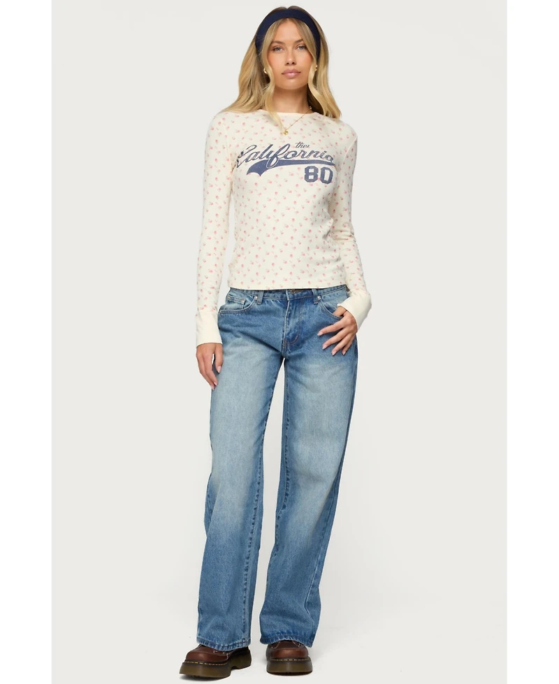 Edikted Womens Cali Floral Ribbed Long Sleeve T Shirt