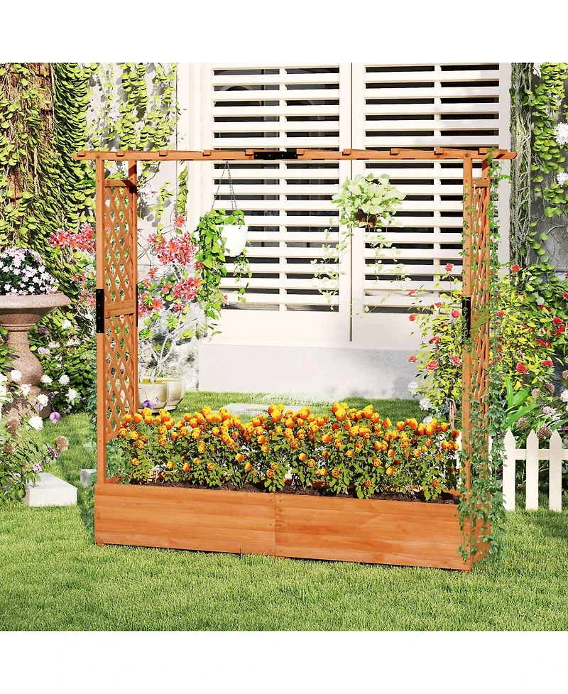 Gymax Raised Garden Bed Planter Box w/ Side & Top Trellis for Vine Climbing Plants