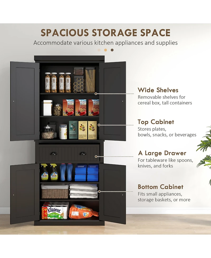 Tall Wooden Kitchen Storage Cabinet with Adjustable Shelves for Pantry Use