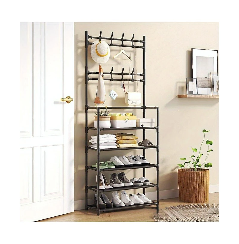 5-Tier Multi-Functional Shoe Rack and Coat Stand Freestanding Entryway Organizer